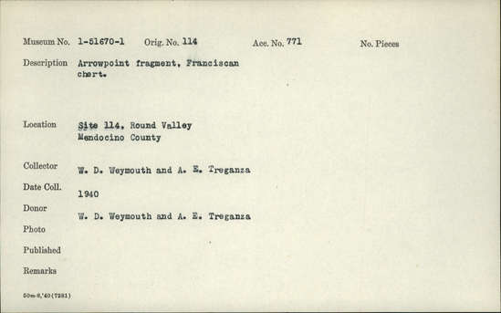 Documentation associated with Hearst Museum object titled Projectile point, accession number 1-51670, described as arrowpoint fragment, Franciscan chert