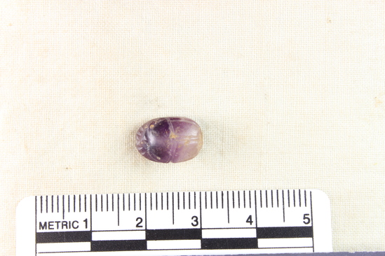 Hearst Museum object 5 of 8 titled Scarab, accession number 6-13763, described as Amethyst scarab, uninscribed. Length 12.2 mm, width 8.3 mm, height 5.9 mm.