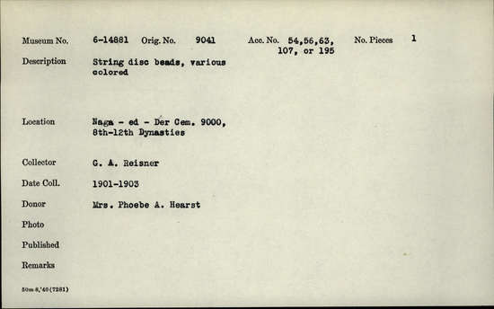 Documentation associated with Hearst Museum object titled Beads, accession number 6-14881, described as String of disc beads of various colors