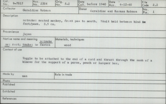 Documentation associated with Hearst Museum object titled Netsuke, accession number 9-7815, described as Netsuke: seated monkey, front paw to mouth. Fruit held between hind feet/paws.  According to the donor's catalog: "Netsuke in brown wood - of a monkey, seated with a fruit, between his feet. It is said a monkey was usually  domiciled in the ray of stables for the purpose of keeping the horses in good temper.