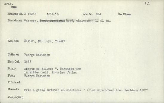 Documentation associated with Hearst Museum object titled Harpoon, accession number 2-19255, described as Head. Whalebone.