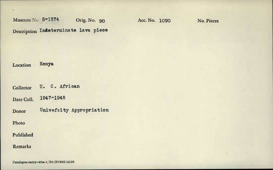 Documentation associated with Hearst Museum object titled Lava, accession number 5-1374, described as Indeterminate lava piece