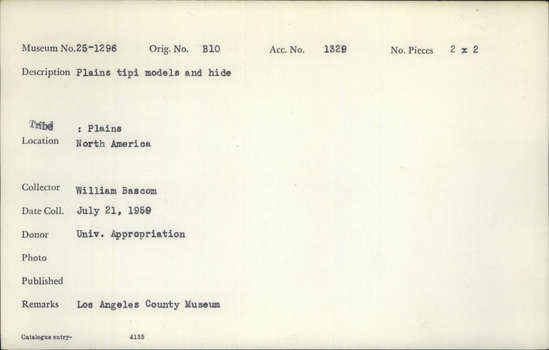 Documentation associated with Hearst Museum object titled Color slide, accession number 25-1296, described as Plains tipi models and hide