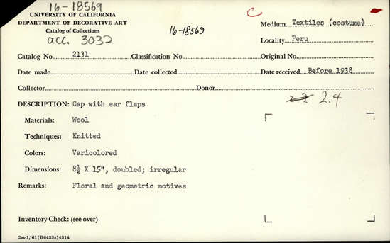 Documentation associated with Hearst Museum object titled Cap, accession number 16-18569, described as Cap; ear flaps; knitted; varicoloured; 22 cm by 38 cm; doubled; irreg.