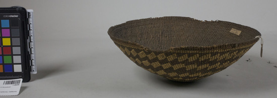 Hearst Museum object 2 of 2 titled Basket, accession number 1-28459, described as Overlay twined basket, shallow. Yellow bands, diamond design.