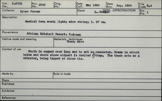 Documentation associated with Hearst Museum object titled Musical bow, accession number 5-9898, described as Musical bow; wood; light; wire string; l. 97 cm.