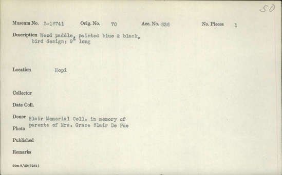 Documentation associated with Hearst Museum object titled Paddle, accession number 2-18741, described as Wood, painted blue and black, bird design.