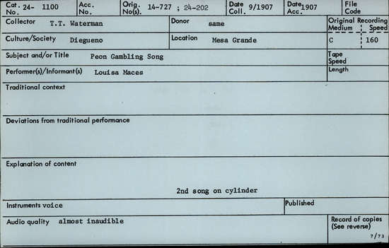 Documentation associated with Hearst Museum object titled Audio recording, accession number 24-1100, described as Peon Game Song