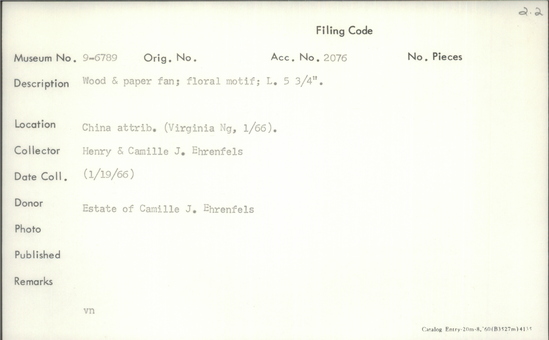 Documentation associated with Hearst Museum object titled Fan, accession number 9-6789, described as Wood and paper fan; floral motif; length 5.75 inches.