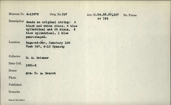 Documentation associated with Hearst Museum object titled Beads, accession number 6-12979, described as Beads on original string: 2 black and white discs, 2 blue cylindrical and 20 discs, 5 blue cylindrical, 1 blue pear-shaped. [inv.: original string, faience cylinder and ring beads, shell ring beads, seed beads]