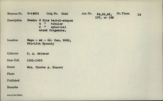 Documentation associated with Hearst Museum object titled Beads, accession number 6-14861, described as 8 blue barrel-shaped beads, 4 blue tubular beads, 2 blue spherical beads, and mixed fragments