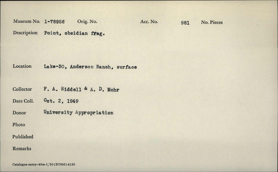 Documentation associated with Hearst Museum object titled Point fragment, accession number 1-78956, described as Obsidian.