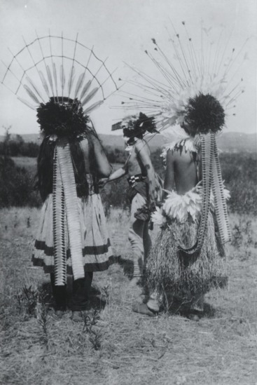 Hearst Museum object 2 of 2 titled Black-and-white negatives, accession number 15-22790, described as Semi-subterranean roundhouse; Dancers in Big Head Dance.