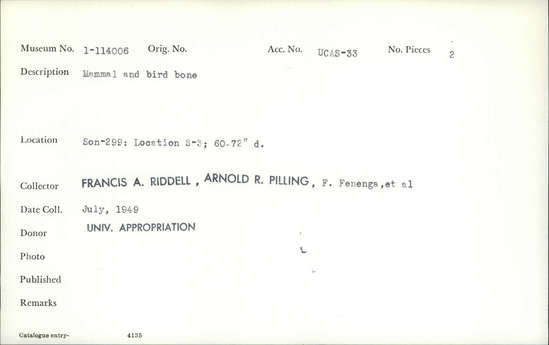 Documentation associated with Hearst Museum object titled Faunal remains, accession number 1-114006, described as Mammal and bird