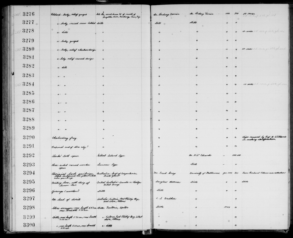 Documentation associated with Hearst Museum object titled Bullroarer, accession number 11-3296, described as tjurunga( wooden) ( bull-roarer for spiritual use).