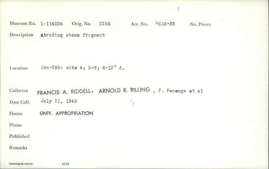 Documentation associated with Hearst Museum object titled Abrader fragment, accession number 1-114036, described as Abrading stone fragment