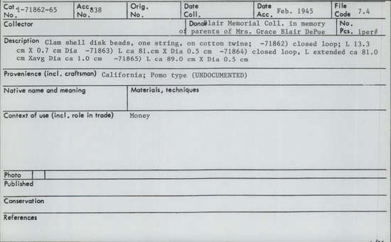 Documentation associated with Hearst Museum object titled Beads, accession number 1-71865, described as Clamshell disk beads.