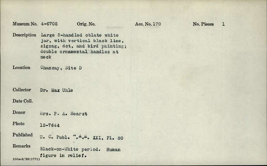 Documentation associated with Hearst Museum object titled Jar, accession number 4-6705, no description available.