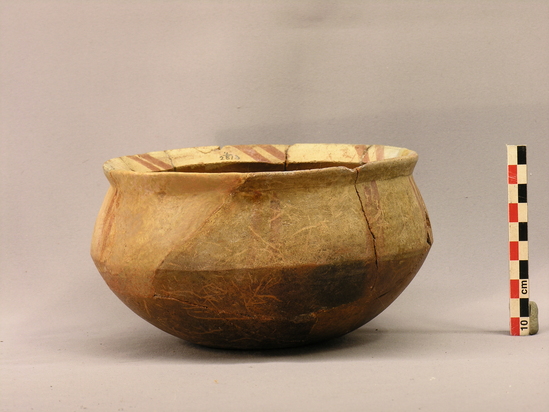 Hearst Museum object 6 of 7 titled Broken bowl, accession number 4-2813, described as Bowl of red pottery, white shoulder painted with pairs of red lines. Broken