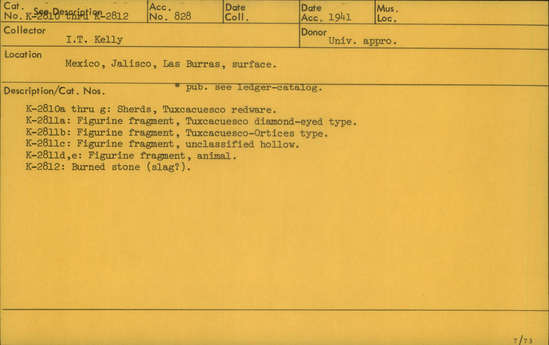 Documentation associated with Hearst Museum object titled Potsherds, accession number K-2810, described as a-g) Sherd; Tuxcacuesco redware.