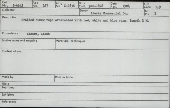 Documentation associated with Hearst Museum object titled Rope, accession number 2-6643, described as Braided sinew, ornamented with red, white and blue yarn. Looped to attach dart head.