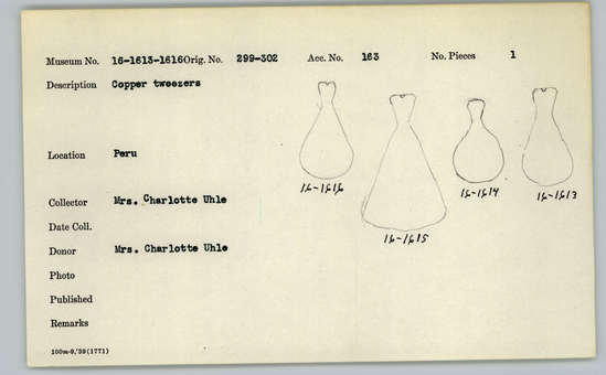Documentation associated with Hearst Museum object titled Tweezers, accession number 16-1615, described as Copper tweezers.