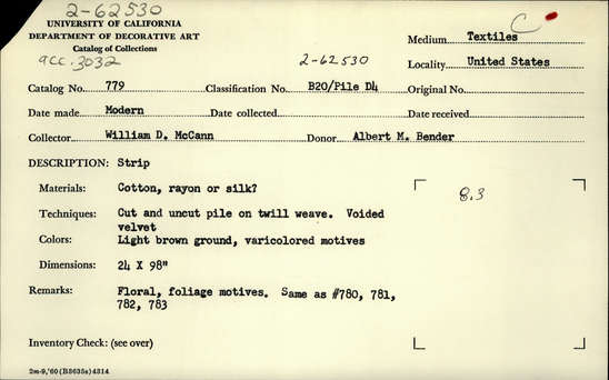 Documentation associated with Hearst Museum object titled Textile, accession number 2-62530, described as Strip; cotton, rayon or silk?, cut and uncut pile on twill weave, voided velvet, light brown ground, varicolored motives, floral and foliage motives