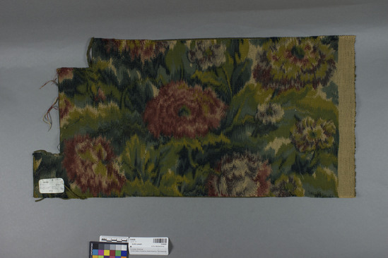 Hearst Museum object titled Textile sample, accession number 2-62626, described as Strip; cotton, plain weave, printed, varicolored, floral and foliage motives