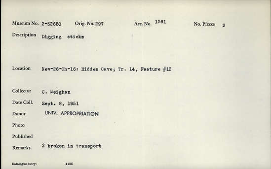 Documentation associated with Hearst Museum object titled Sharpened stick, 4 pieces, accession number 2-32650, described as Digging sticks