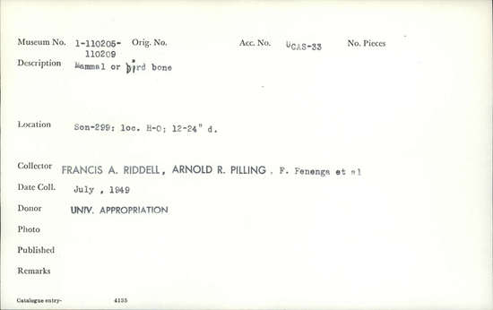 Documentation associated with Hearst Museum object titled Faunal remains, accession number 1-110209, described as Mammal or bird.