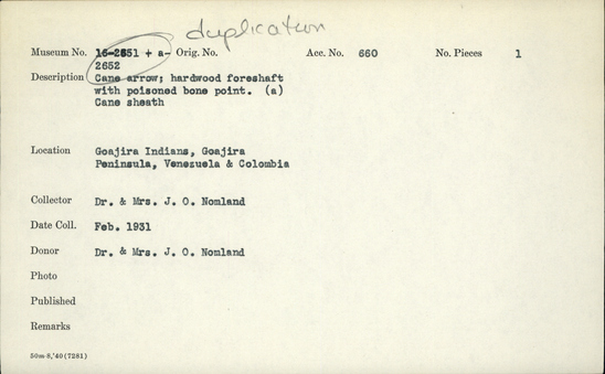 Documentation associated with Hearst Museum object titled Arrow, accession number 16-2651, described as Cane arrow; hardwood foreshaft with poisoned bone point a. cane sheath.