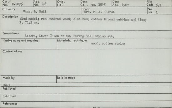 Documentation associated with Hearst Museum object titled Sled model, accession number 2-2095, described as Red-stained wood; slat bed; cotton thread webbing and ties.