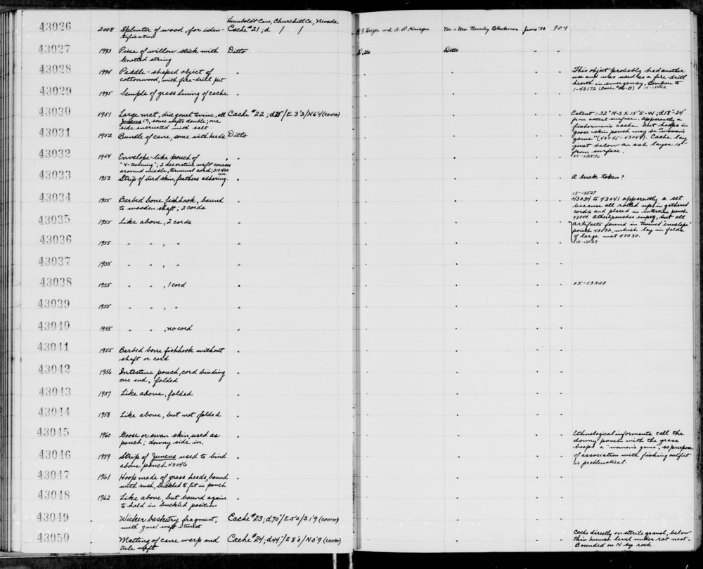 Documentation associated with Hearst Museum object titled Fishhook, accession number 1-43034, described as Barbed bone fishhook, bound to wooden shaft; 2 cords.