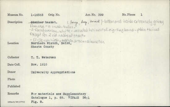 Documentation associated with Hearst Museum object titled Cooking basket, accession number 1-16562, described as Cooking basket; twined. Warp is Willow (Salix), weft is yellow Pine. White pattern is Beargrass (Xerophyllum tenax). Mush boiler; "(large, deep, twined)" added in pen. Bottom and inside extremely grimy from use. 2-faced white overlay. Serrated horizontal zigzag band. Plain twined except for 2 cm radius at start.