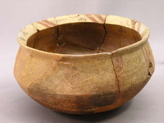 Hearst Museum object 7 of 7 titled Broken bowl, accession number 4-2813, described as Bowl of red pottery, white shoulder painted with pairs of red lines. Broken