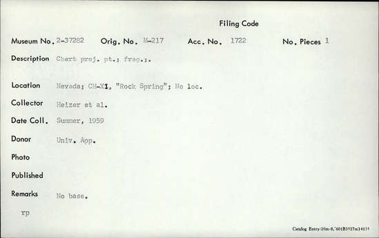 Documentation associated with Hearst Museum object titled Projectile point, accession number 2-37282, described as Chert projectile point, fragment.