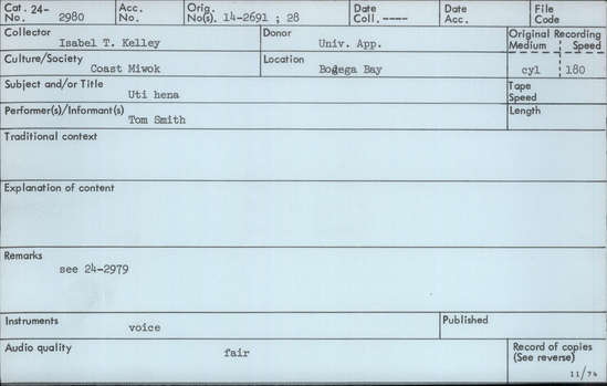 Documentation associated with Hearst Museum object titled Audio recording, accession number 24-2980, described as Uti hena