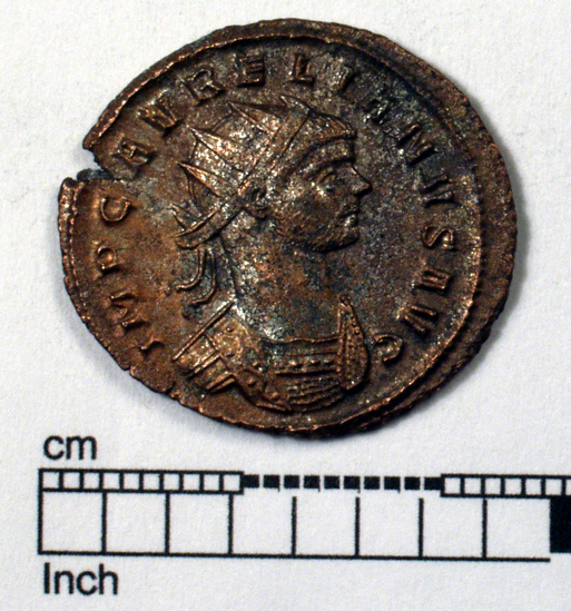 Hearst Museum object 1 of 8 titled Coin: billon antoninianus, accession number 8-4060, described as Coin; Billon; Antoninianus; Roman. 4.76 grams, 24 mm. Aurelian, 270-275 AD. Pavia, Italy. Obverse: IMP AVRELIANVS AVG, Bust r. radiate. Reverse: PROVIDEN DEOR, Sol at r. salutes spirit of the military l.; in exergue PXXT