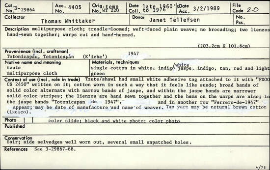 Documentation associated with Hearst Museum object titled Tzute, accession number 3-29864, described as Treadle-loomed, weft-faced plain weave, two lienzos handsewn together, warps cut, hand-hemmed.