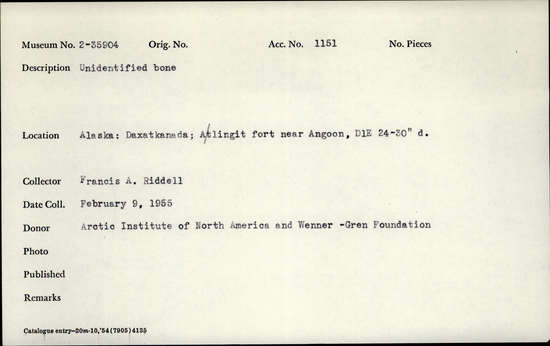 Documentation associated with Hearst Museum object titled Faunal remains, accession number 2-35904, described as Unidentified bone. Metapodial fragment.