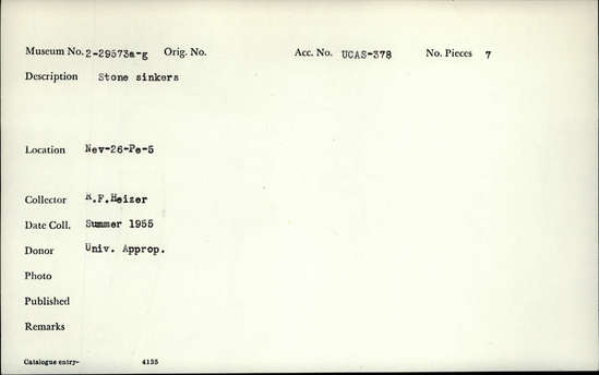 Documentation associated with Hearst Museum object titled Stone sinkers, accession number 2-29573a-g, described as Stone sinkers