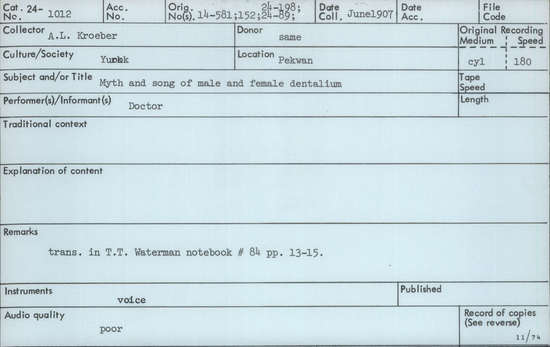 Documentation associated with Hearst Museum object titled Audio recording, accession number 24-1012, described as Myth of song of male and female dentalia