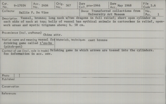 Documentation associated with Hearst Museum object titled Vase, accession number 9-17034, described as Vessel, bronze; long neck with two dragons in full relief; short open cylinder on each side of neck at top; belly of vessel has mythical animals in cartouches in relief, open-work areas and mystic trigrams above; height 58 cm.