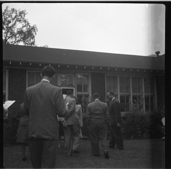 Hearst Museum object titled Black-and-white negative, accession number 15-31524, described as Black-and-white negative, Northwestern U, Prof Herskovits and students, 1948?