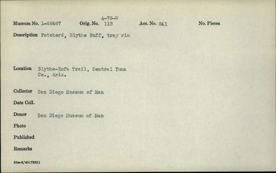 Documentation associated with Hearst Museum object titled Potsherd, accession number 1-66467, described as potsherd