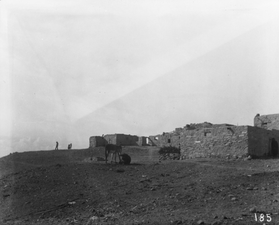 Hearst Museum object titled Black-and-white negative, accession number 15-185, described as View of back of houses, burros in foreground, Indians in the background