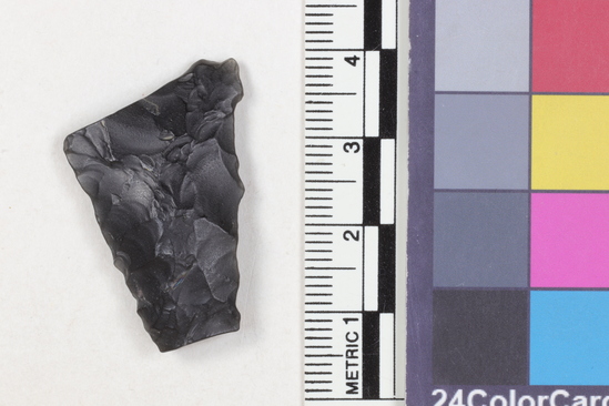 Hearst Museum object 1 of 2 titled Projectile point fragment, accession number 16-14231, described as Projectile point; obsidian; triangular; weight: 4.03 grams; length: 3.1 cm; width: 2.2 cm; depth: 0.67 cm; straight sides, broken base.