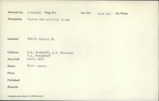 Documentation associated with Hearst Museum object titled Beads, accession number 1-155563, described as Square cut, Olivella.