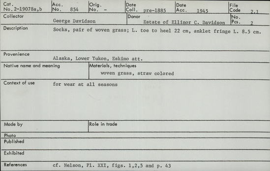 Documentation associated with Hearst Museum object titled Socks, accession number 2-19078a,b, described as Pair of woven straw colored grass.