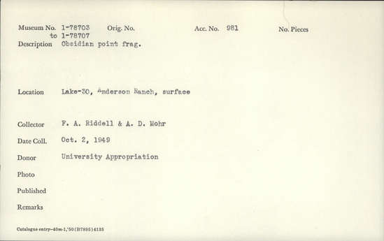 Documentation associated with Hearst Museum object titled Point fragment, accession number 1-78703, described as Obsidian.